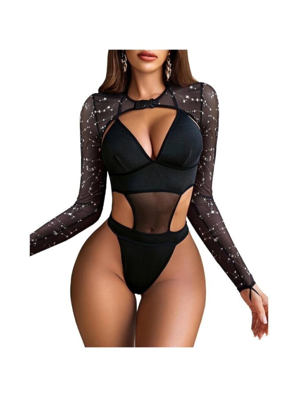 Women Silver Stars Festival Lingerie Bodysuit Buckle Shrug Crop Top Set Outfits
